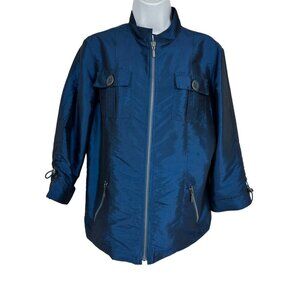 Chicos Metallic Blue Adjustable Ruched Sleeves Full Zip Jacket Size 1 US M